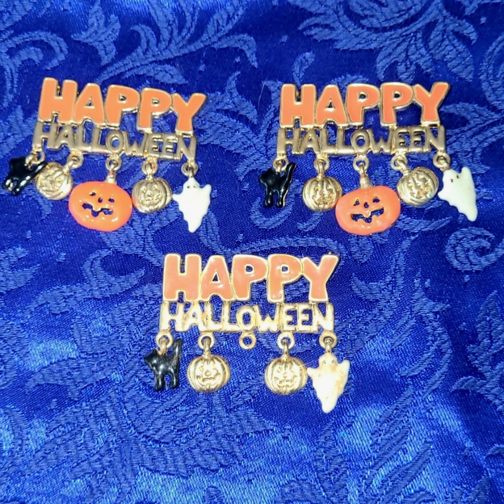 🎃 Set of 3 Happy Halloween *BROKEN* Pins/Brooches for Crafting or Repair- READ!